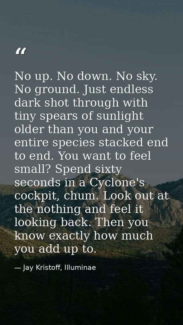No up. No down. No sky. No ground. Just endless dark shot through with tiny spears of sunlight older than you and your e — Jay Kristoff, Illuminae