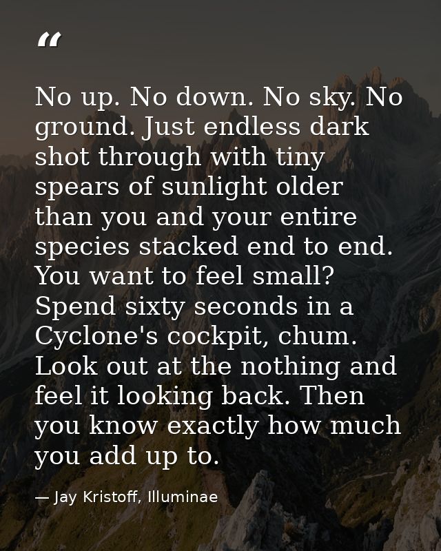 No up. No down. No sky. No ground. Just endless dark shot through with tiny spears of sunlight older than you and your e — Jay Kristoff, Illuminae
