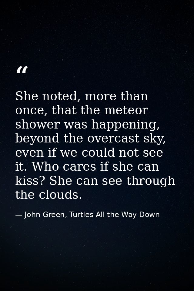 She noted, more than once, that the meteor shower was happening, beyond the overcast sky, even if we could not see it. W — John Green, Turtles All the Way Down