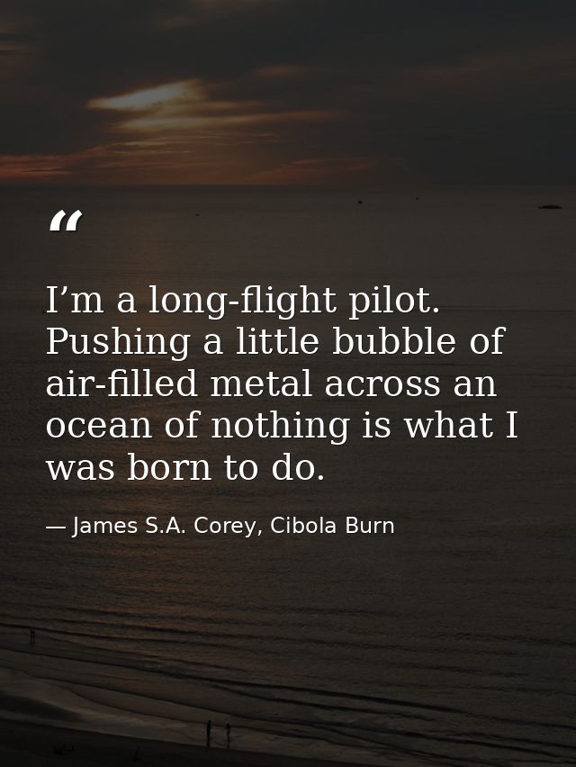I’m a long-flight pilot. Pushing a little bubble of air-filled metal across an ocean of nothing is what I was born to do — James S.A. Corey, Cibola Burn