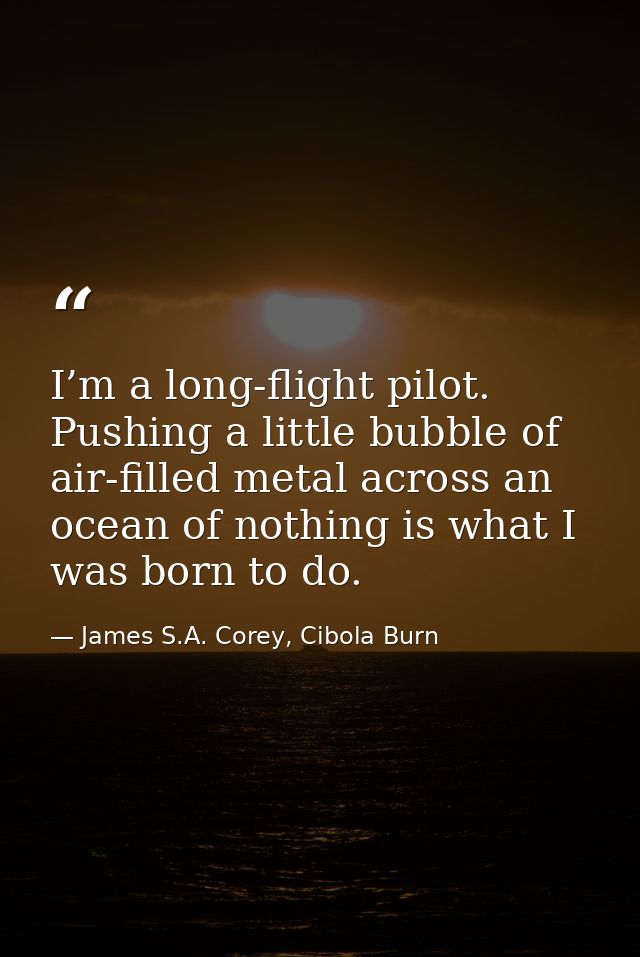 I’m a long-flight pilot. Pushing a little bubble of air-filled metal across an ocean of nothing is what I was born to do — James S.A. Corey, Cibola Burn