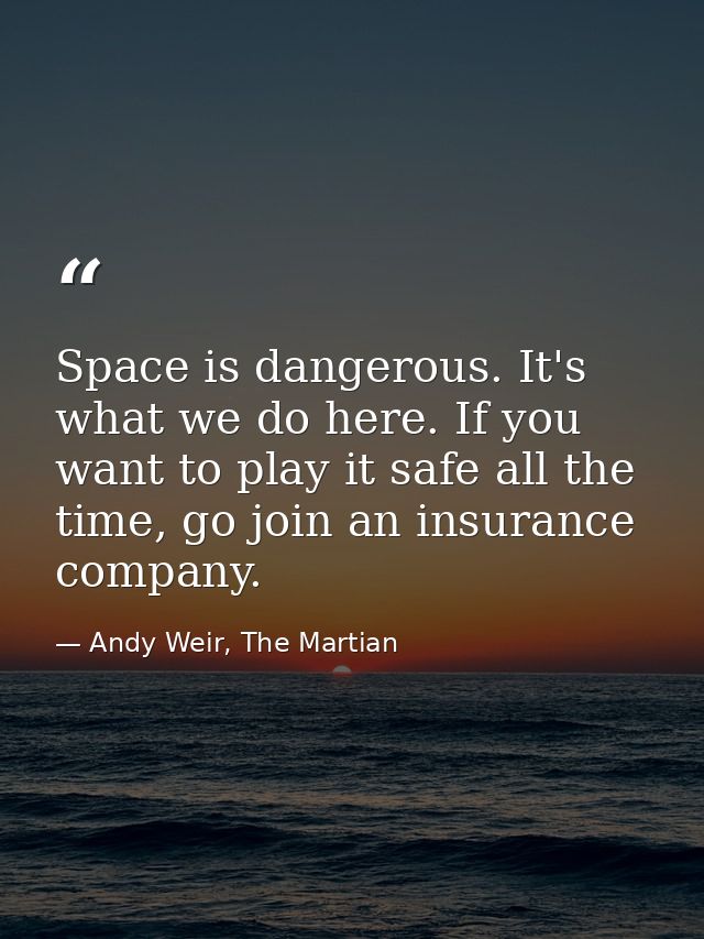 Space is dangerous. It's what we do here. If you want to play it safe all the time, go join an insurance company. — Andy Weir, The Martian