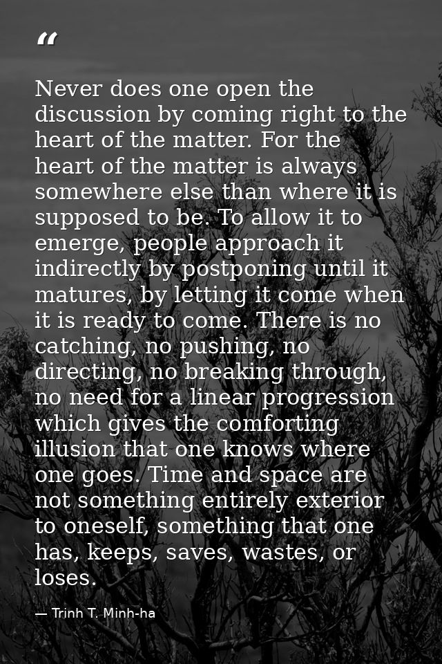 Never does one open the discussion by coming right to the heart of the matter. For the heart of the matter is always som — Trinh T. Minh-ha