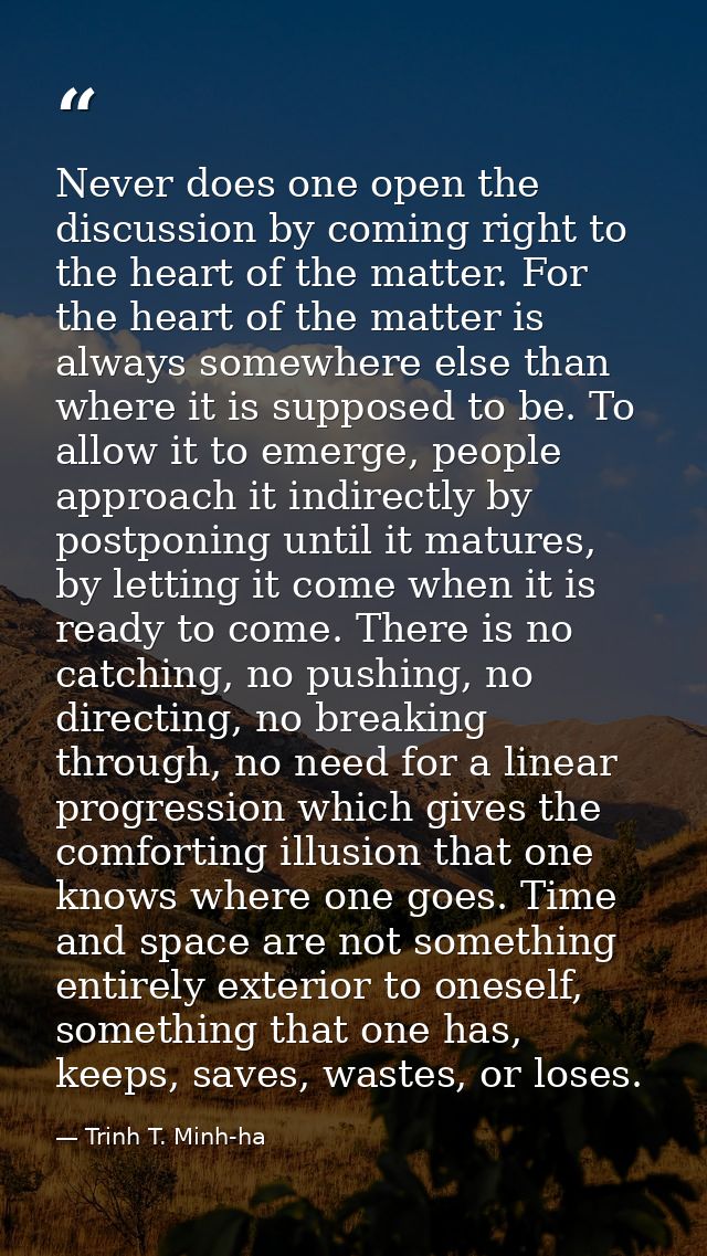 Never does one open the discussion by coming right to the heart of the matter. For the heart of the matter is always som — Trinh T. Minh-ha