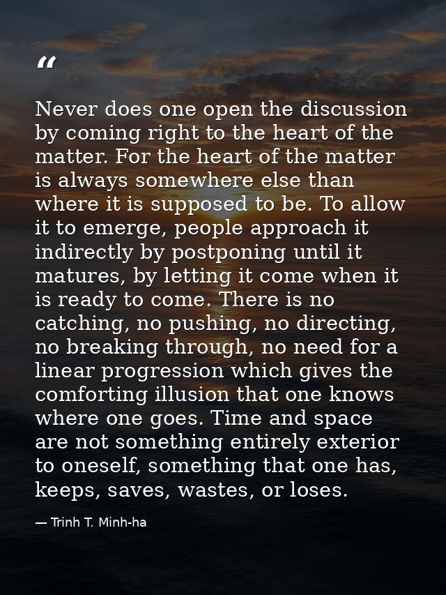 Never does one open the discussion by coming right to the heart of the matter. For the heart of the matter is always som — Trinh T. Minh-ha