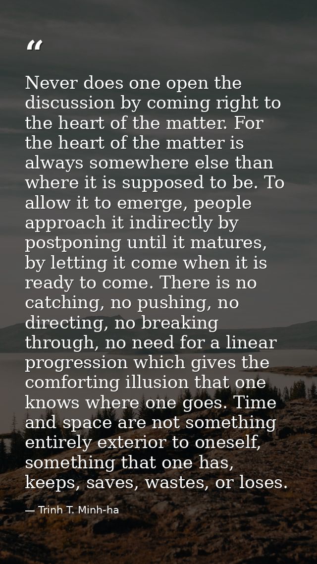 Never does one open the discussion by coming right to the heart of the matter. For the heart of the matter is always som — Trinh T. Minh-ha