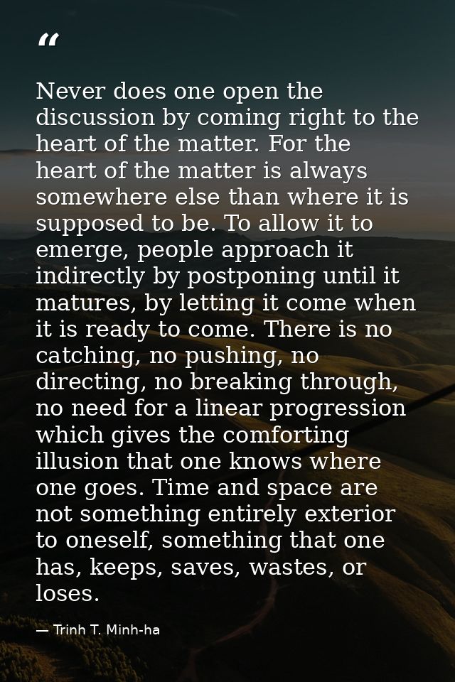 Never does one open the discussion by coming right to the heart of the matter. For the heart of the matter is always som — Trinh T. Minh-ha