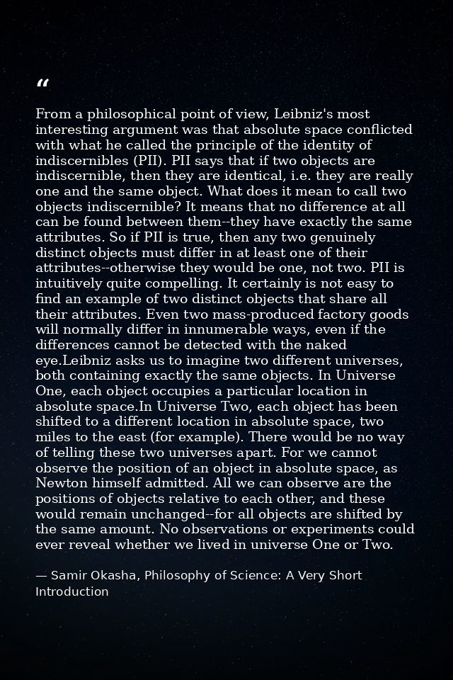 From a philosophical point of view, Leibniz's most interesting argument was that absolute space conflicted with what he  — Samir Okasha, Philosophy of Science: A Very Short Introduction
