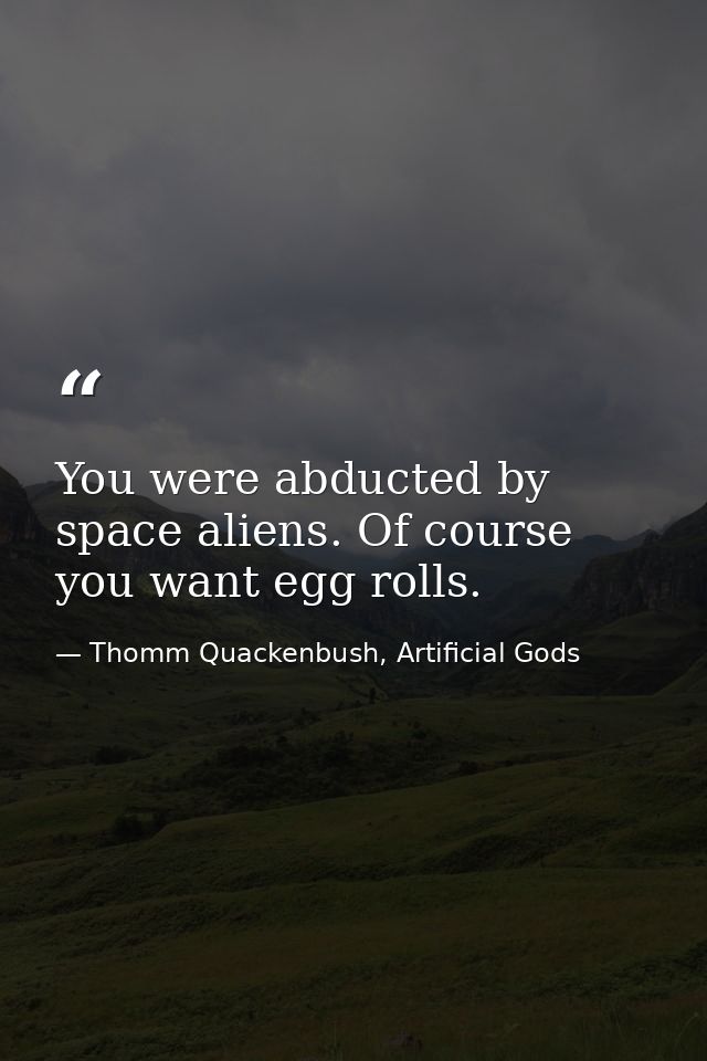 You were abducted by space aliens. Of course you want egg rolls. — Thomm Quackenbush, Artificial Gods