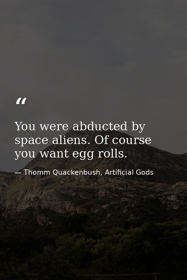You were abducted by space aliens. Of course you want egg rolls. — Thomm Quackenbush, Artificial Gods