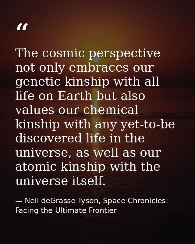 The cosmic perspective not only embraces our genetic kinship with all life on Earth but also values our chemical kinship — Neil deGrasse Tyson, Space Chronicles: Facing the Ultimate Frontier