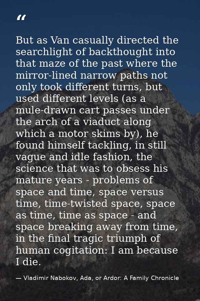 But as Van casually directed the searchlight of backthought into that maze of the past where the mirror-lined narrow pat — Vladimir Nabokov, Ada, or Ardor: A Family Chronicle