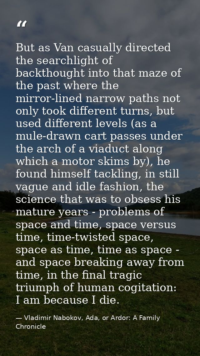 But as Van casually directed the searchlight of backthought into that maze of the past where the mirror-lined narrow pat — Vladimir Nabokov, Ada, or Ardor: A Family Chronicle
