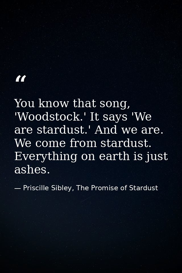 You know that song, 'Woodstock.' It says 'We are stardust.' And we are. We come from stardust. Everything on earth is ju — Priscille Sibley, The Promise of Stardust