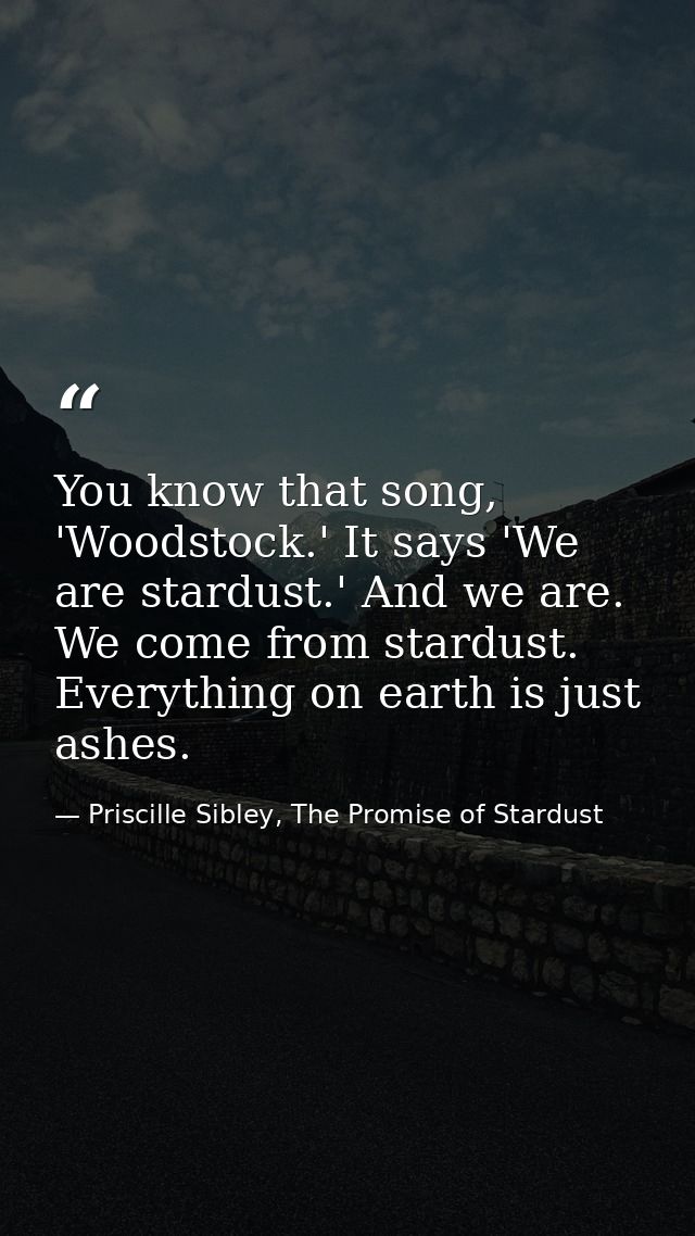 You know that song, 'Woodstock.' It says 'We are stardust.' And we are. We come from stardust. Everything on earth is ju — Priscille Sibley, The Promise of Stardust