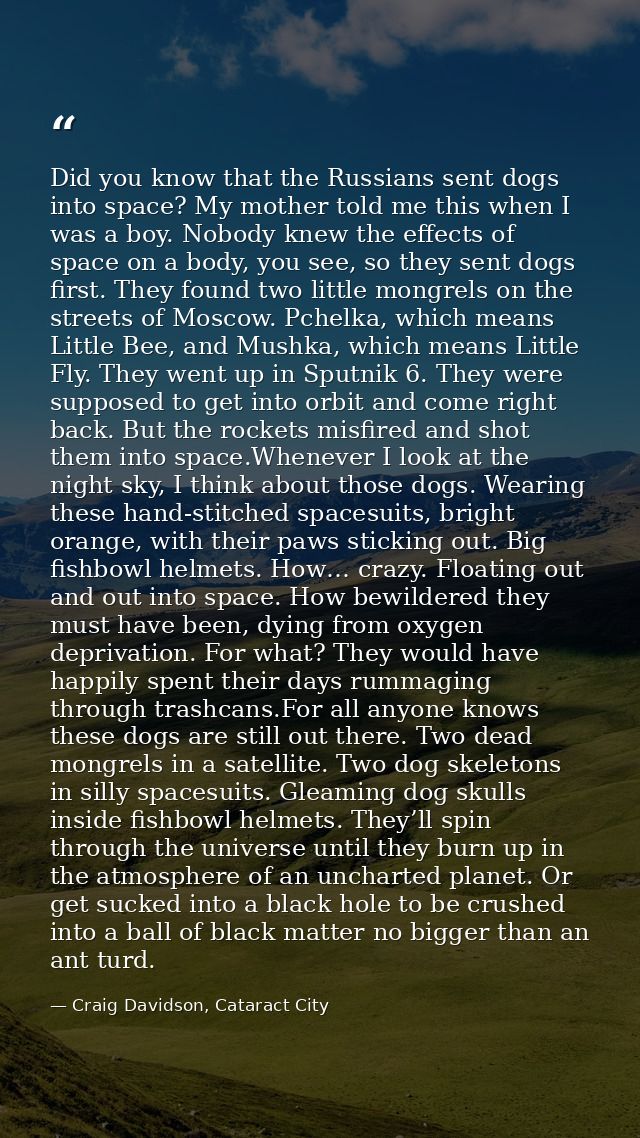 Did you know that the Russians sent dogs into space? My mother told me this when I was a boy. Nobody knew the effects of — Craig Davidson, Cataract City