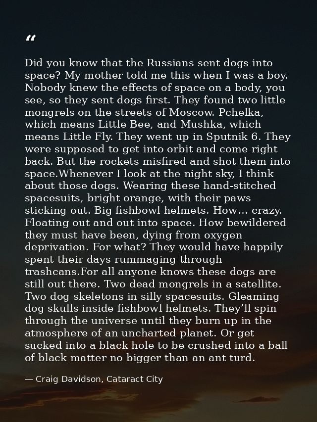Did you know that the Russians sent dogs into space? My mother told me this when I was a boy. Nobody knew the effects of — Craig Davidson, Cataract City