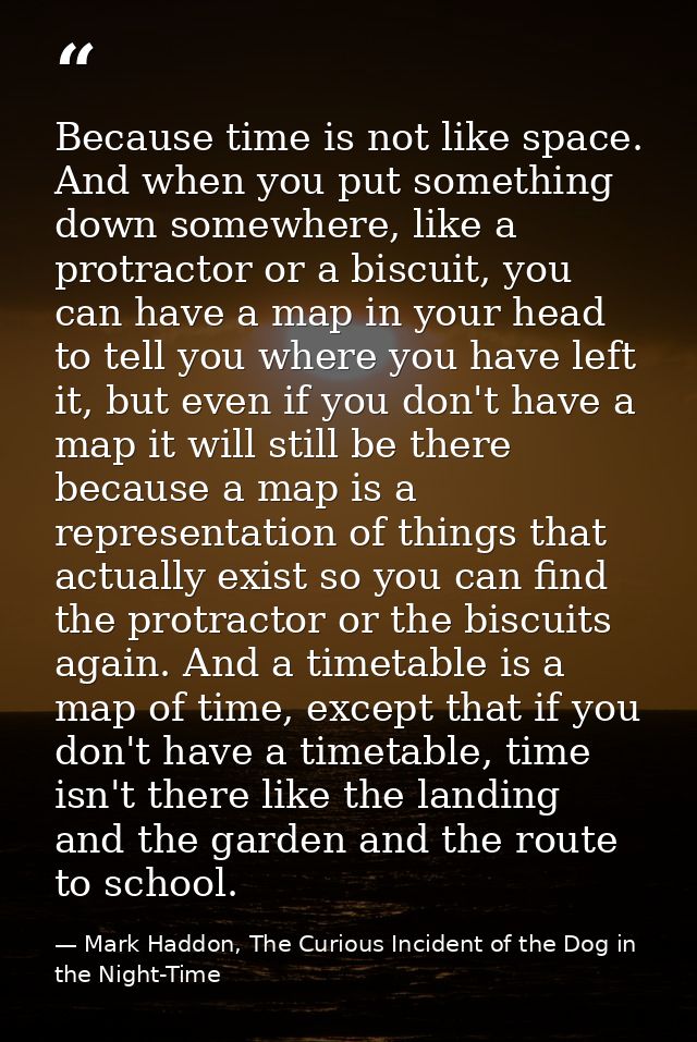 Because time is not like space. And when you put something down somewhere, like a protractor or a biscuit, you can have  — Mark Haddon, The Curious Incident of the Dog in the Night-Time