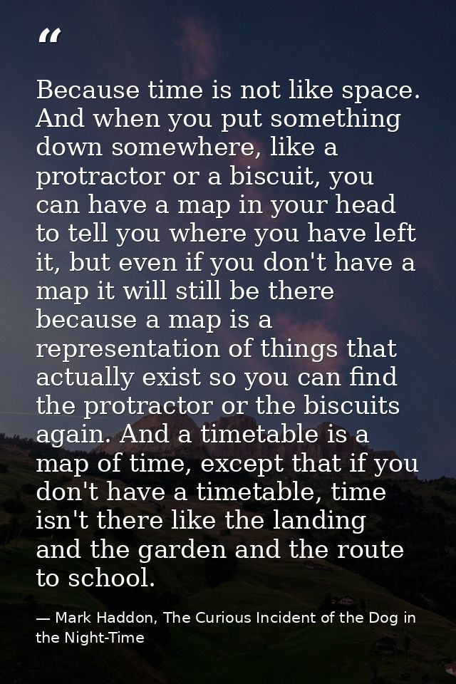 Because time is not like space. And when you put something down somewhere, like a protractor or a biscuit, you can have  — Mark Haddon, The Curious Incident of the Dog in the Night-Time