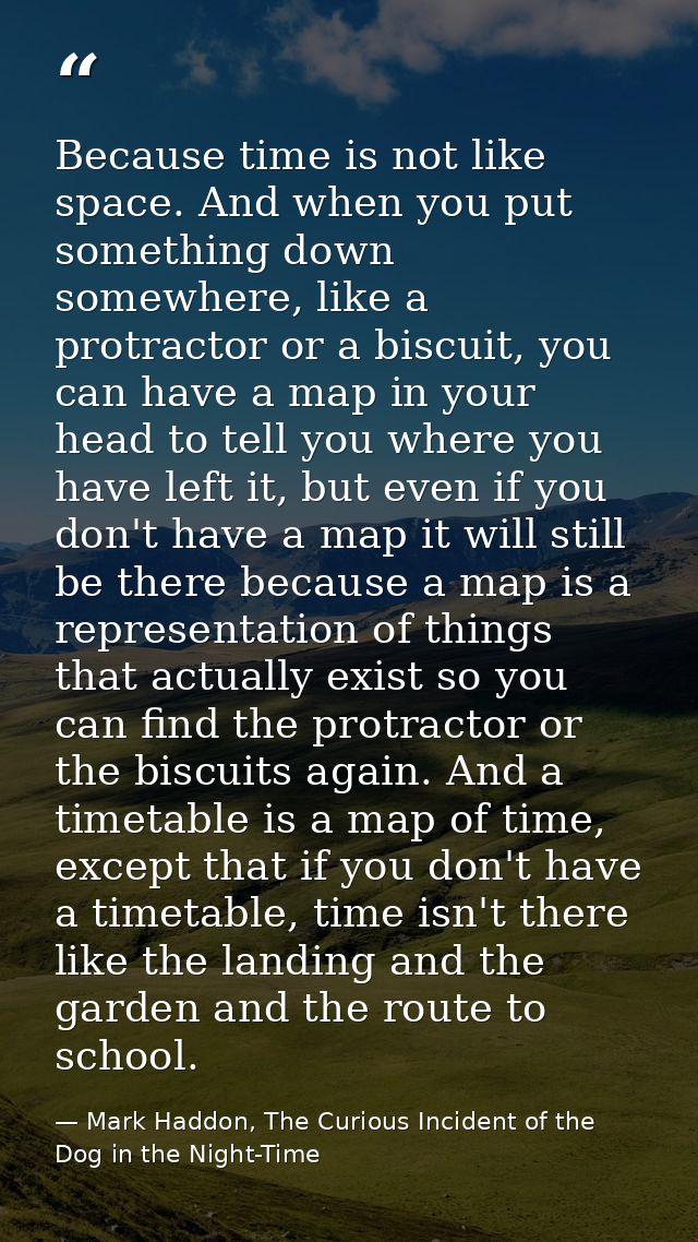 Because time is not like space. And when you put something down somewhere, like a protractor or a biscuit, you can have  — Mark Haddon, The Curious Incident of the Dog in the Night-Time