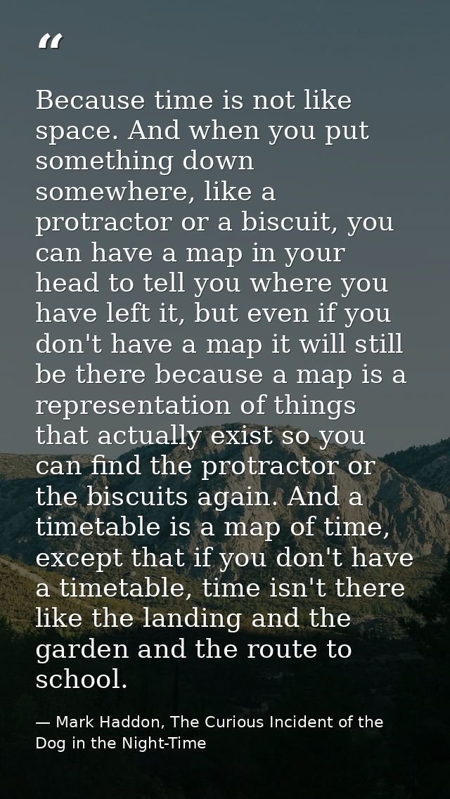 Because time is not like space. And when you put something down somewhere, like a protractor or a biscuit, you can have  — Mark Haddon, The Curious Incident of the Dog in the Night-Time