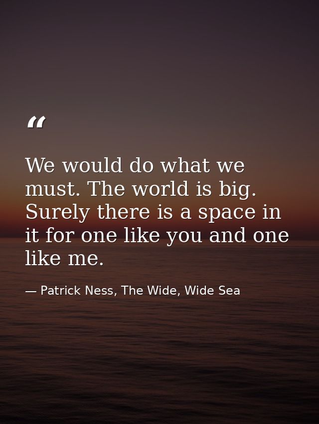 We would do what we must. The world is big. Surely there is a space in it for one like you and one like me. — Patrick Ness, The Wide, Wide Sea