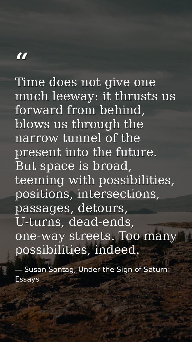 Time does not give one much leeway: it thrusts us forward from behind, blows us through the narrow tunnel of the present — Susan Sontag, Under the Sign of Saturn: Essays