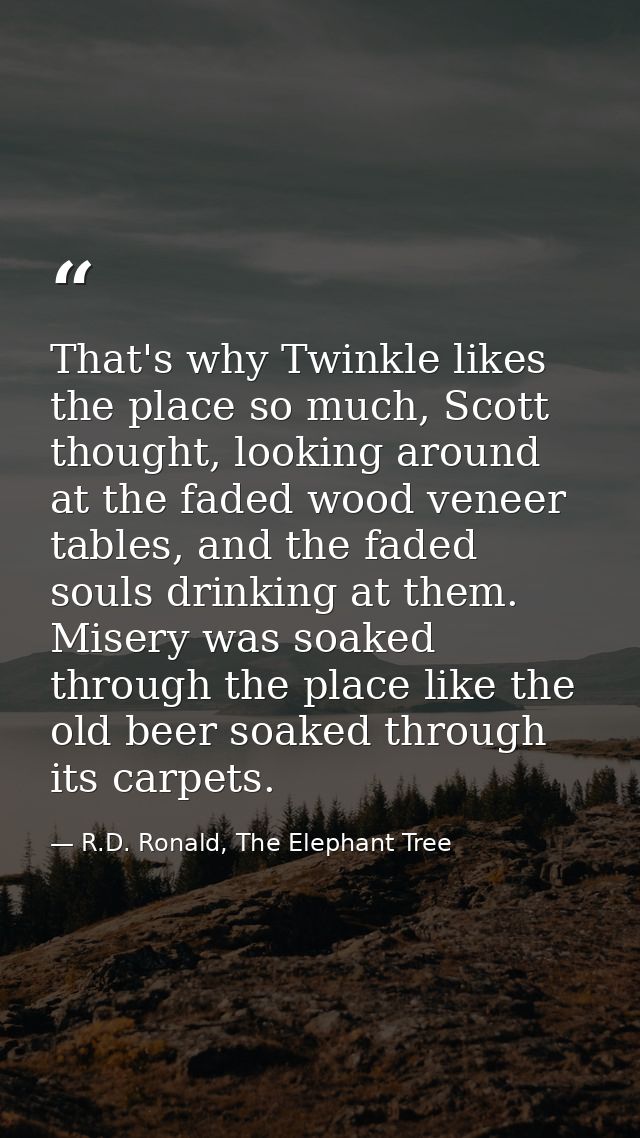 That's why Twinkle likes the place so much, Scott thought, looking around at the faded wood veneer tables, and the faded — R.D. Ronald, The Elephant Tree