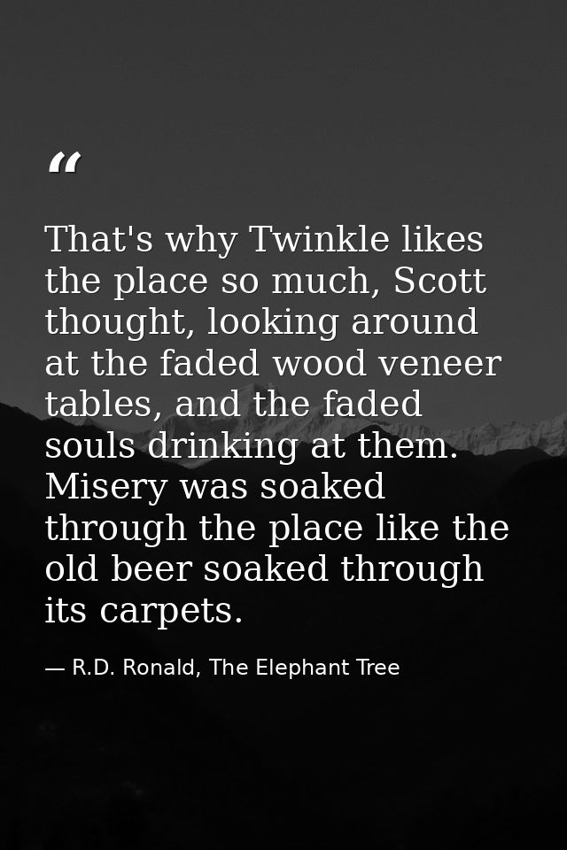 That's why Twinkle likes the place so much, Scott thought, looking around at the faded wood veneer tables, and the faded — R.D. Ronald, The Elephant Tree