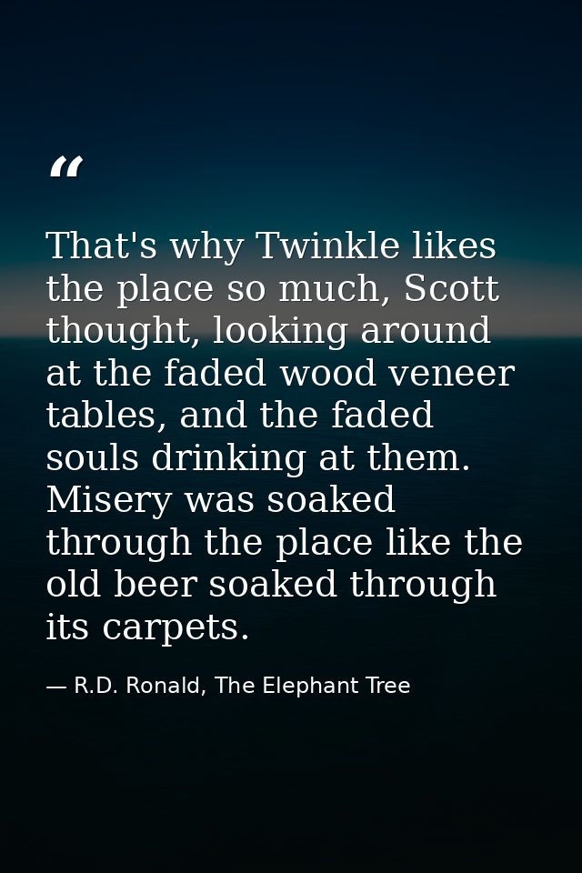 That's why Twinkle likes the place so much, Scott thought, looking around at the faded wood veneer tables, and the faded — R.D. Ronald, The Elephant Tree