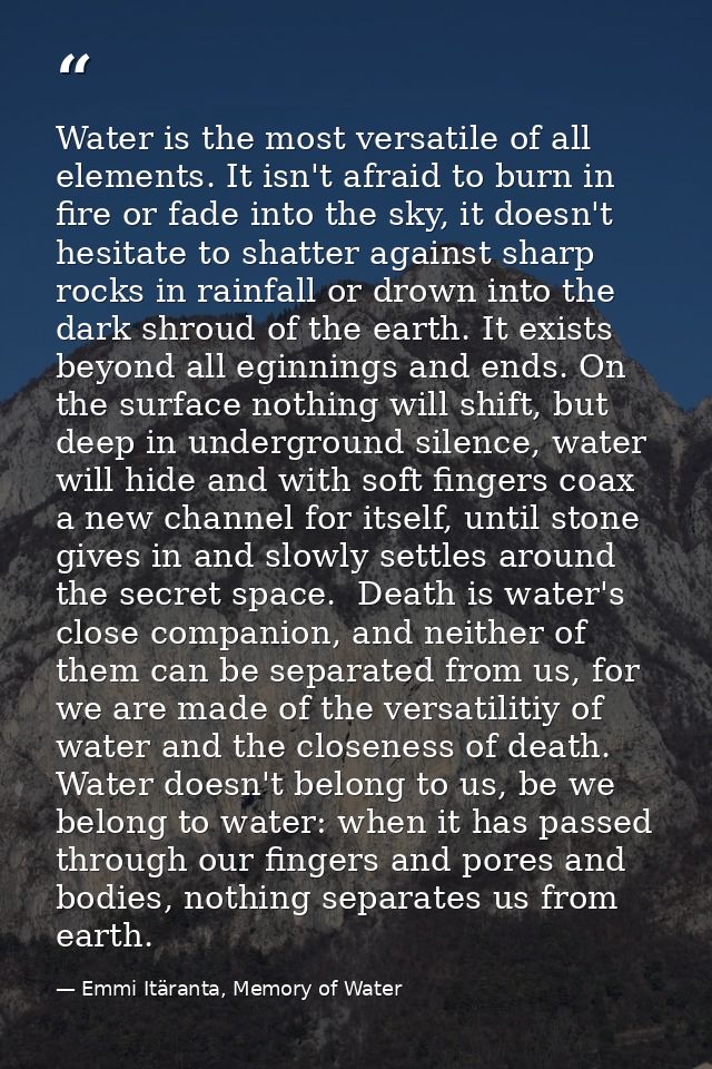 Water is the most versatile of all elements. It isn't afraid to burn in fire or fade into the sky, it doesn't hesitate t — Emmi Itäranta, Memory of Water