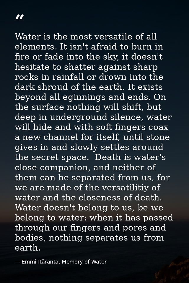 Water is the most versatile of all elements. It isn't afraid to burn in fire or fade into the sky, it doesn't hesitate t — Emmi Itäranta, Memory of Water