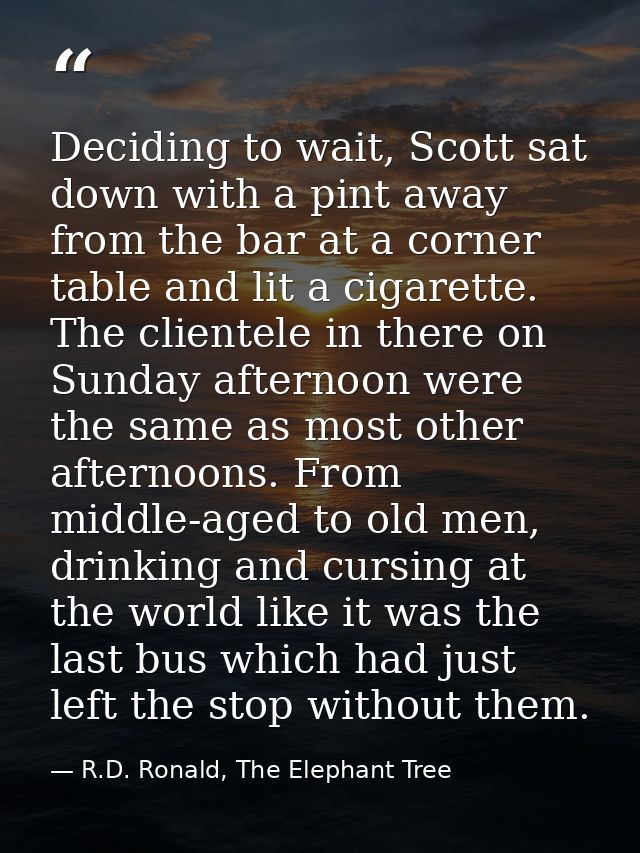Deciding to wait, Scott sat down with a pint away from the bar at a corner table and lit a cigarette. The clientele in t — R.D. Ronald, The Elephant Tree