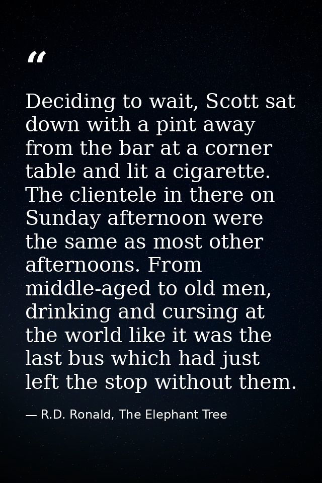 Deciding to wait, Scott sat down with a pint away from the bar at a corner table and lit a cigarette. The clientele in t — R.D. Ronald, The Elephant Tree
