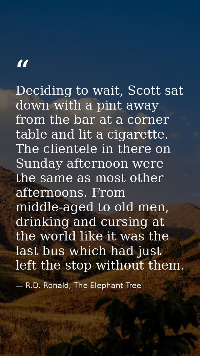 Deciding to wait, Scott sat down with a pint away from the bar at a corner table and lit a cigarette. The clientele in t — R.D. Ronald, The Elephant Tree