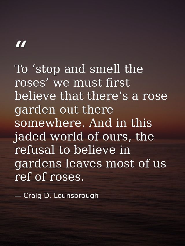 To ‘stop and smell the roses’ we must first believe that there’s a rose garden out there somewhere. And in this jaded wo — Craig D. Lounsbrough