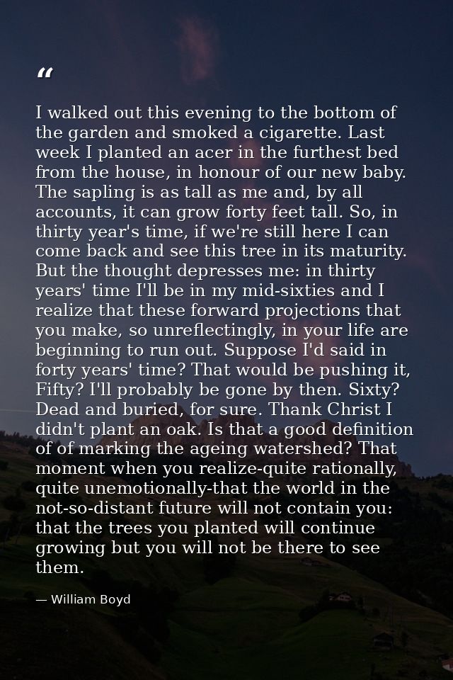 I walked out this evening to the bottom of the garden and smoked a cigarette. Last week I planted an acer in the furthes — William Boyd