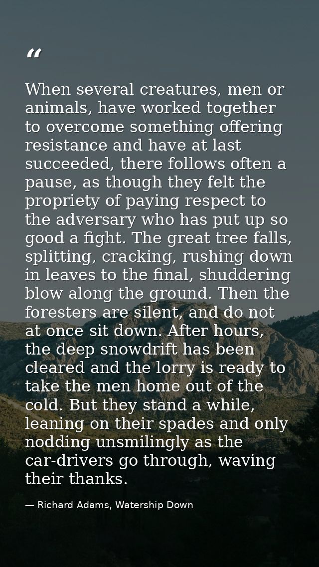 When several creatures, men or animals, have worked together to overcome something offering resistance and have at last  — Richard Adams, Watership Down