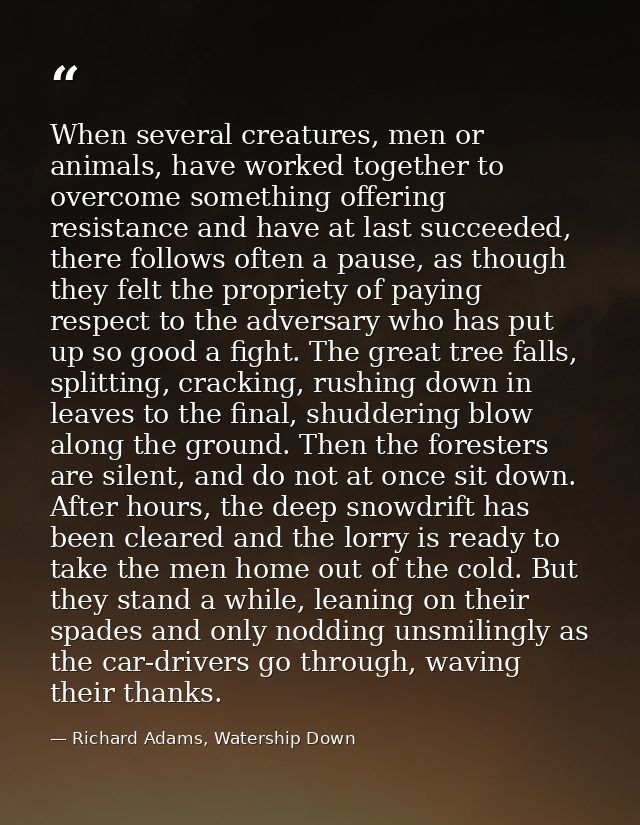 When several creatures, men or animals, have worked together to overcome something offering resistance and have at last  — Richard Adams, Watership Down