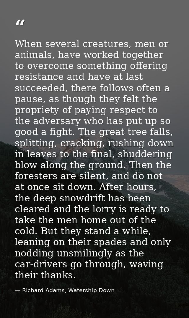 When several creatures, men or animals, have worked together to overcome something offering resistance and have at last  — Richard Adams, Watership Down