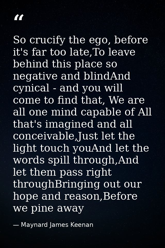 So crucify the ego, before it's far too late,To leave behind this place so negative and blindAnd cynical - and you will  — Maynard James Keenan