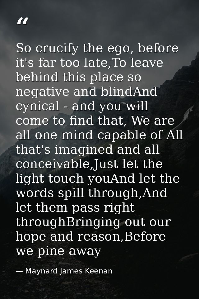 So crucify the ego, before it's far too late,To leave behind this place so negative and blindAnd cynical - and you will  — Maynard James Keenan