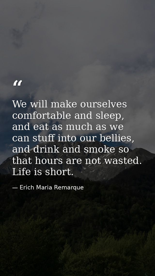 We will make ourselves comfortable and sleep, and eat as much as we can stuff into our bellies, and drink and smoke so t — Erich Maria Remarque