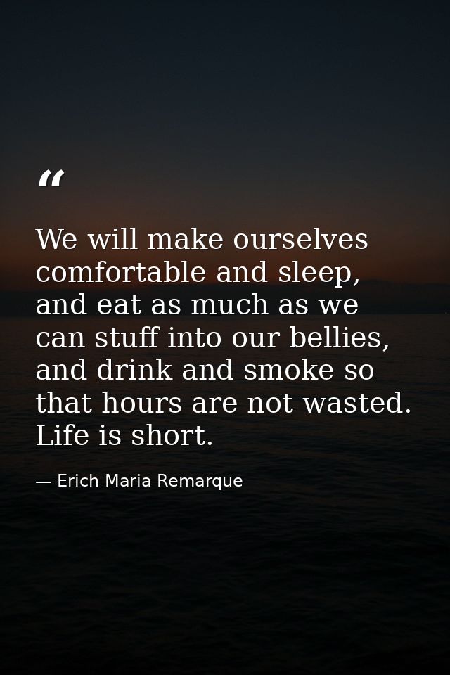 We will make ourselves comfortable and sleep, and eat as much as we can stuff into our bellies, and drink and smoke so t — Erich Maria Remarque