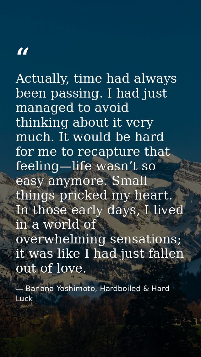 Actually, time had always been passing. I had just managed to avoid thinking about it very much. It would be hard for me — Banana Yoshimoto, Hardboiled & Hard Luck