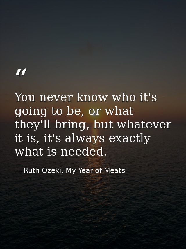 You never know who it's going to be, or what they'll bring, but whatever it is, it's always exactly what is needed. — Ruth Ozeki, My Year of Meats