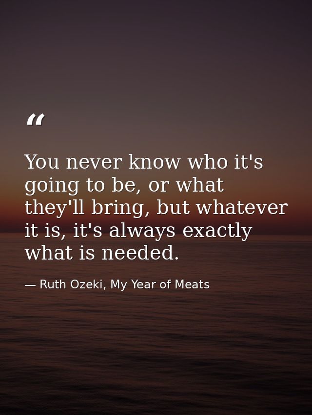 You never know who it's going to be, or what they'll bring, but whatever it is, it's always exactly what is needed. — Ruth Ozeki, My Year of Meats