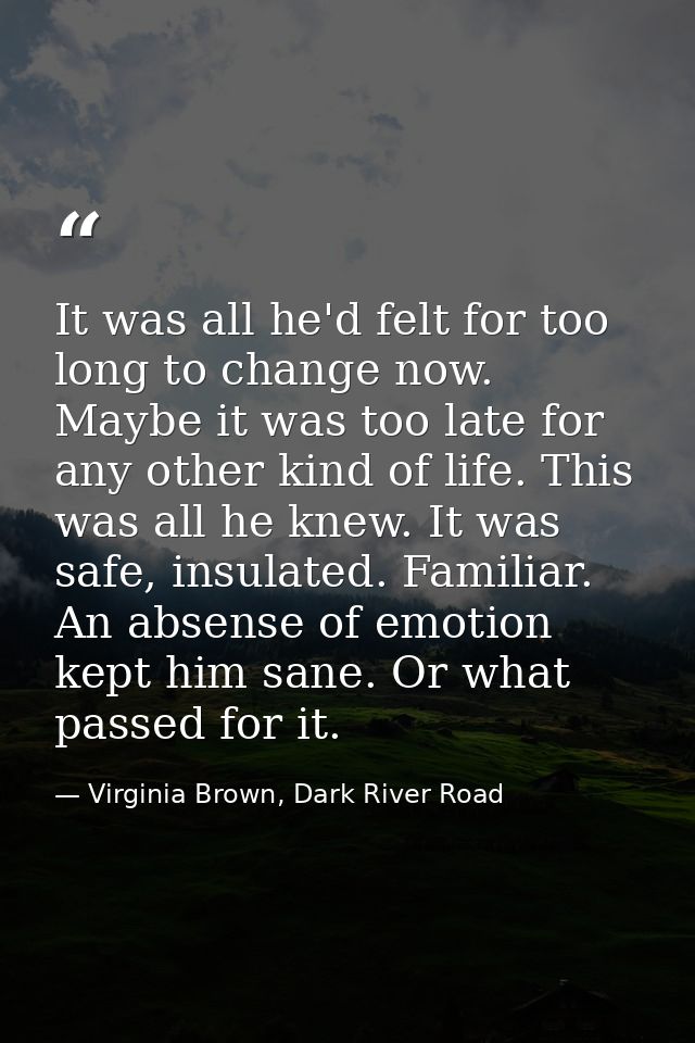 It was all he'd felt for too long to change now. Maybe it was too late for any other kind of life. This was all he knew. — Virginia Brown, Dark River Road