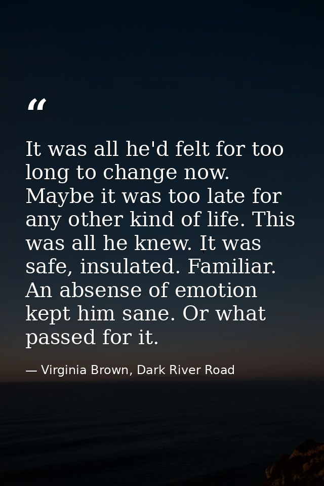 It was all he'd felt for too long to change now. Maybe it was too late for any other kind of life. This was all he knew. — Virginia Brown, Dark River Road