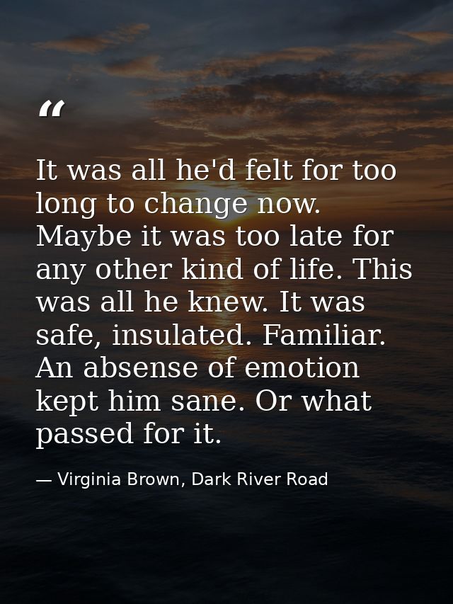 It was all he'd felt for too long to change now. Maybe it was too late for any other kind of life. This was all he knew. — Virginia Brown, Dark River Road